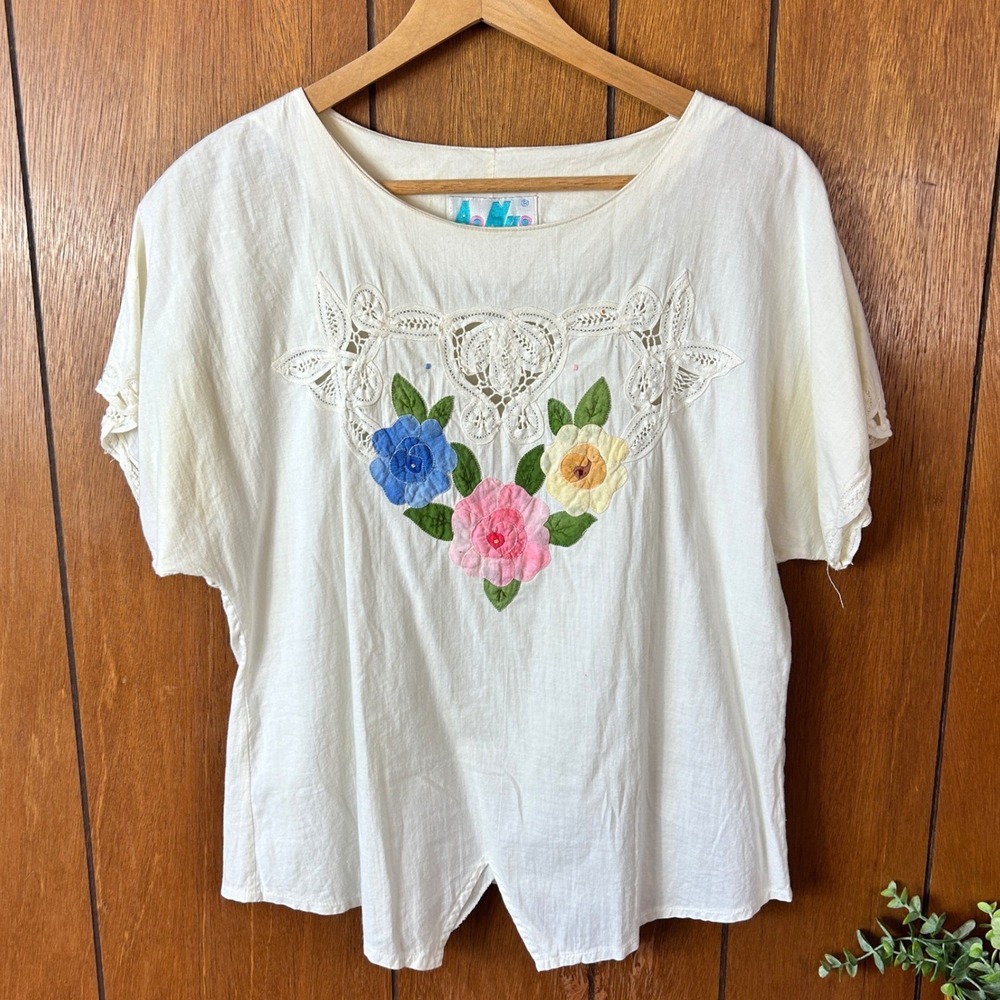 Vintage Ao Nao Vintage White Floral Embroidered Lace Blouse Shirt Top Size‎ M